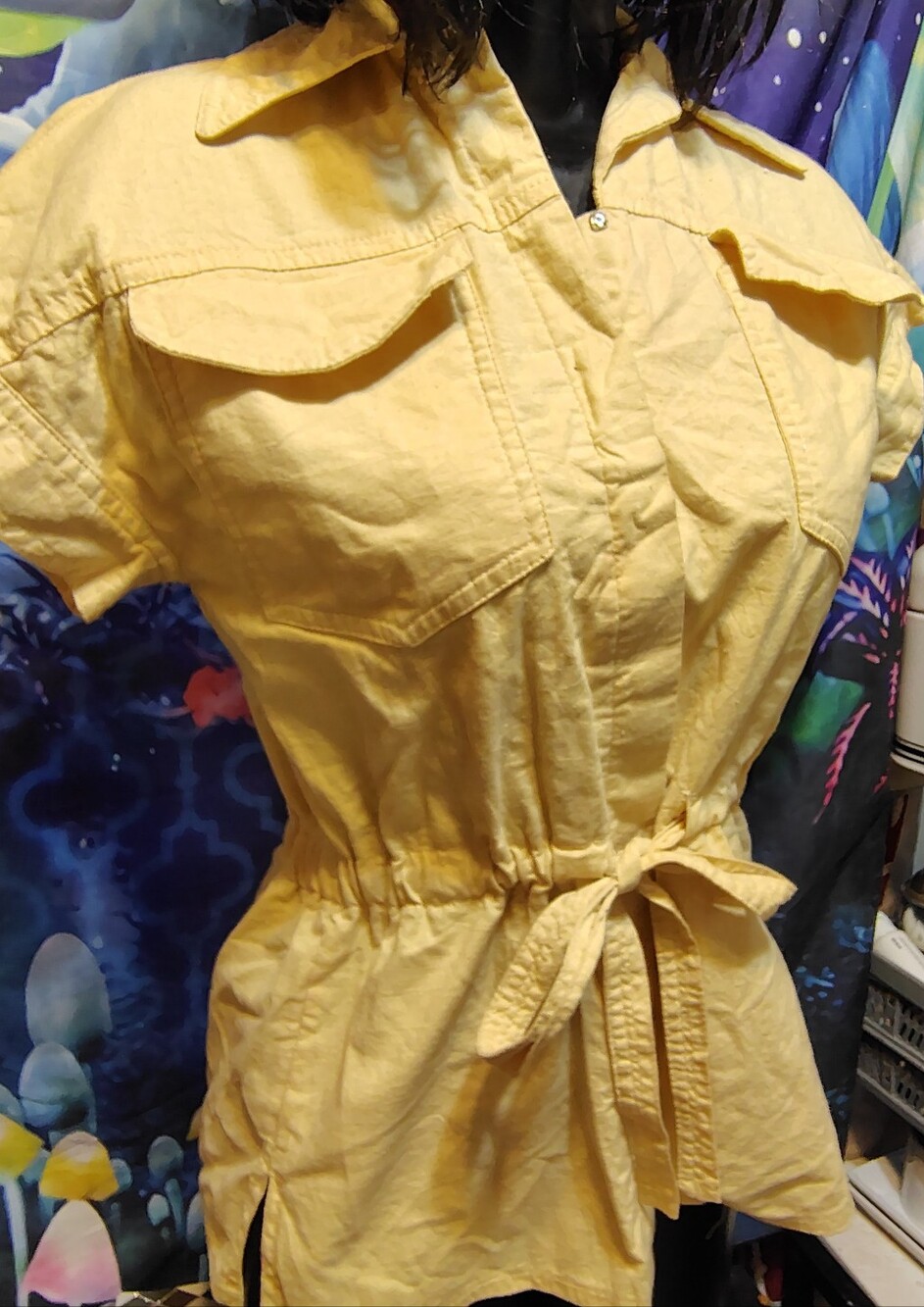 Vintage Jones New York Butter Yellow Linen Safari Top Tie Waist Utility Jacket
